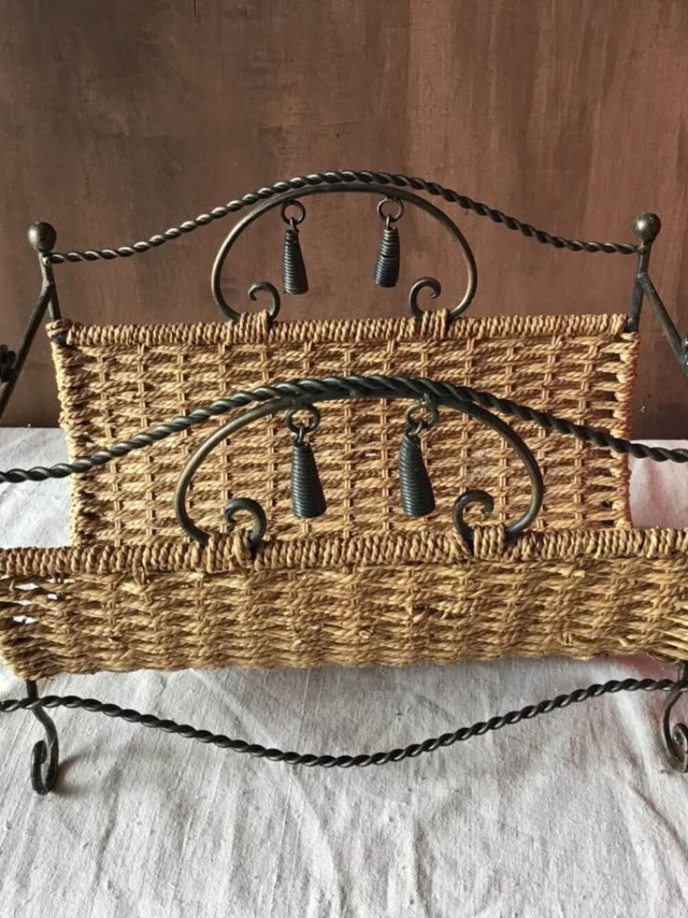 Vintage-Inspired Wicker & Metal Magazine Holder / Basket